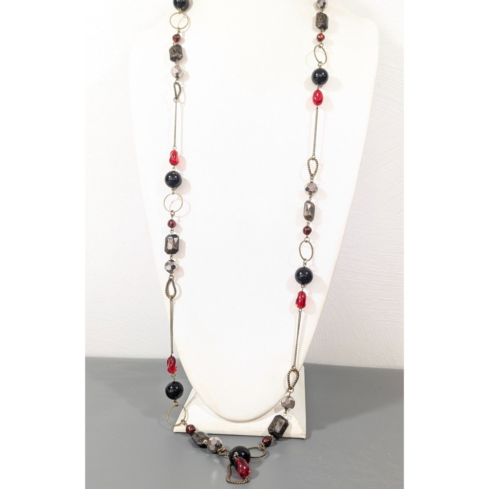 Lia Sophia Adobo Long Necklace Antiqued Gold Tone‎ Red Black Statement 52"